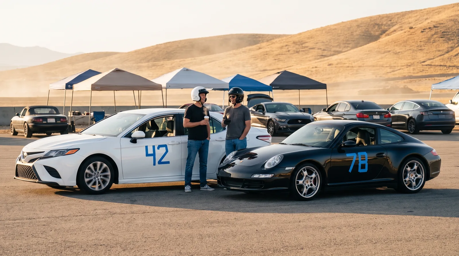 A stock white Camry and a black 911 parked side by side in the paddock at dawn, blue tape numbers on the doors, two drivers in helmets laughing between them