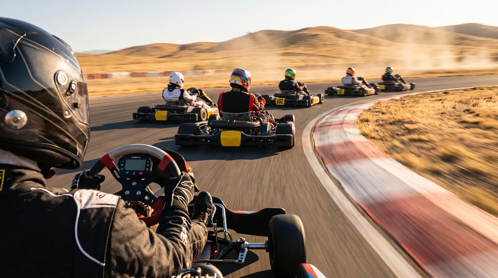 From just behind a driver's helmet in a racing kart, chasing a pack of karts into a corner of the desert kart circuit