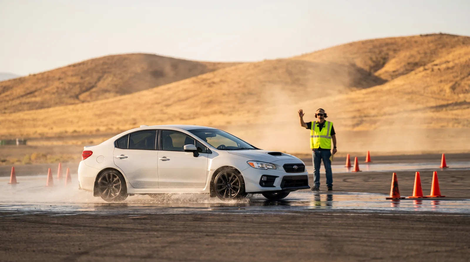 A white WRX mid-slide on a wet skid pad, water spraying, an instructor in a high-visibility vest with his hand raised